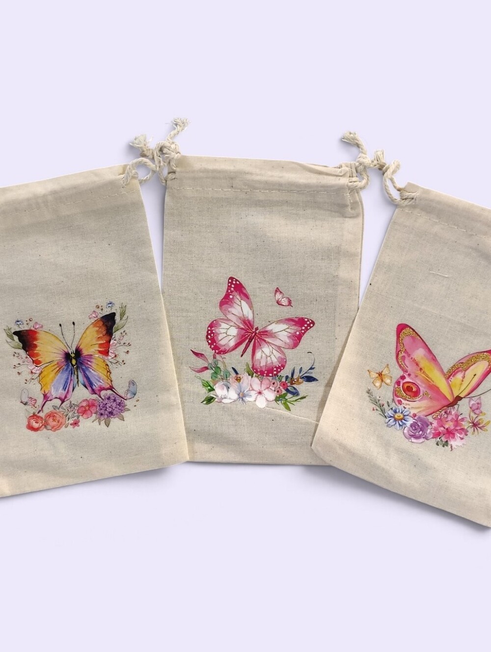 Canvas Multicolor Butterfly Drawstring Pouches - Set Of 3